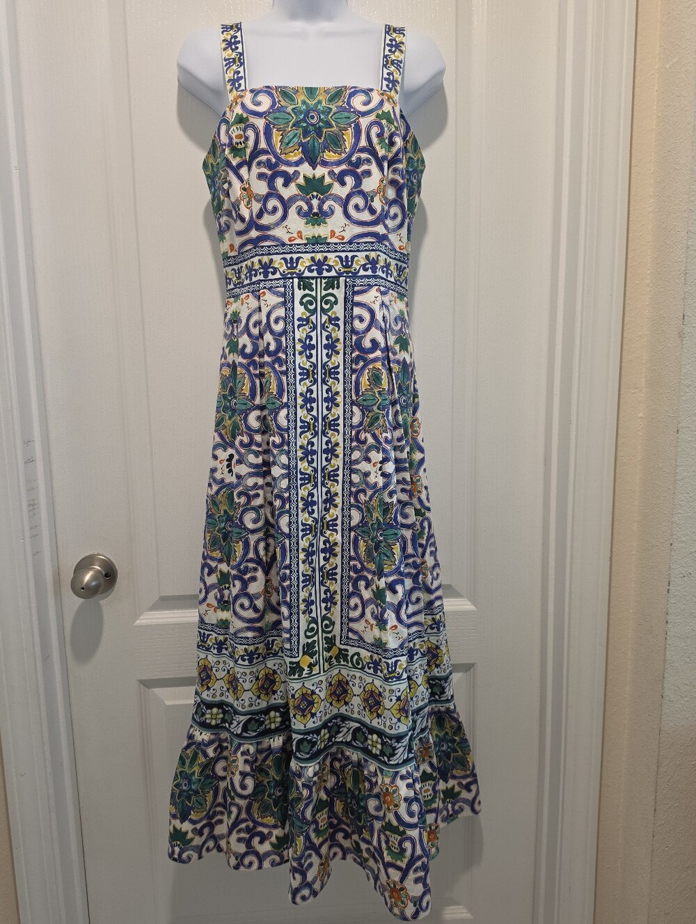 ANTONIO MELANI Paige Blue White Green Tile Italian Print Dress Size 2